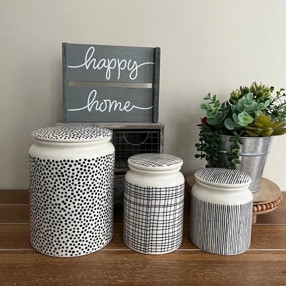 New Thyme & Table 3-Piece Boho Geo Stoneware Canister Set Dots & Gridlines